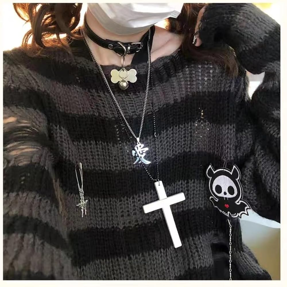 Punk Gothic Sweater for Women Y2K Striped Hollow Out Ripped Crop